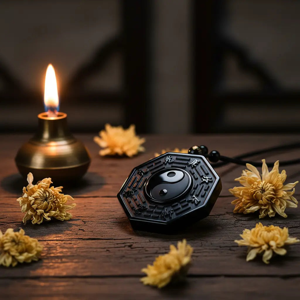 Black obsidian Bagua pendant on dark wooden surface with chrysanthemum flowers and oil lamp, Eastern atmosphere